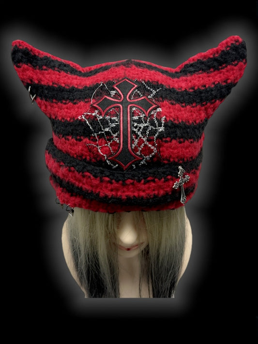 Red and Black Cross Applique Studs Punk Cat Ears Striped Beanie