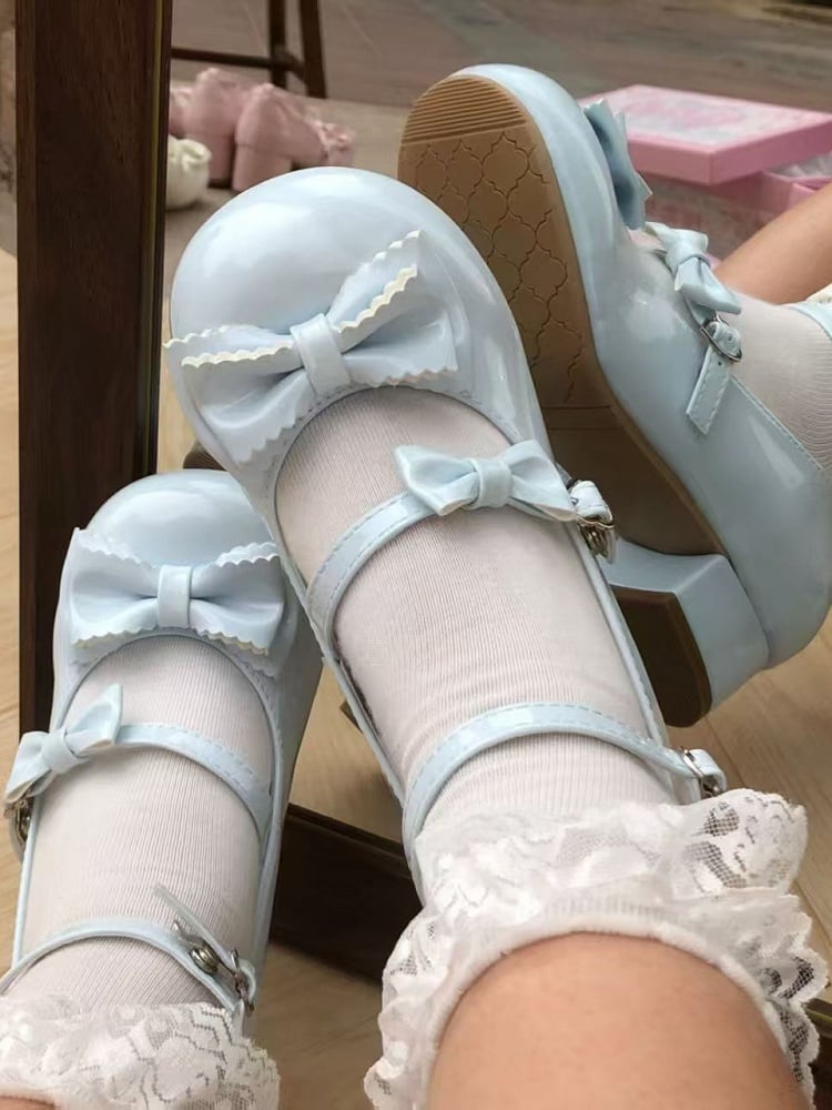 Bow Blue Accents Sweet Low-heel/Mid-heel Janes Mary Lolita PU