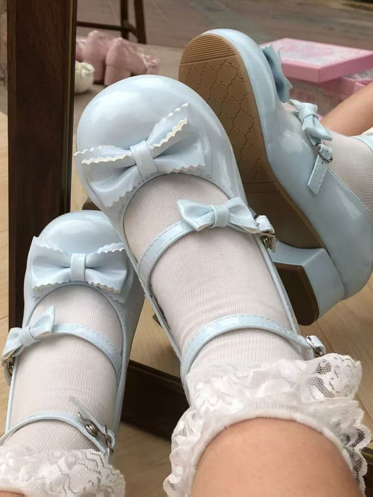 PU Blue Lolita Mary Sweet Janes Bow Accents Low-heel/Mid-heel