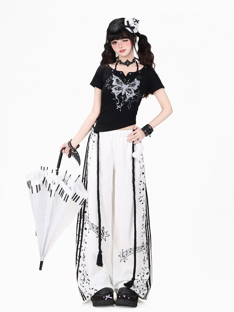 White Music Note Printed Straight Leg Pants with Waist Cord - Kawaii Daily - CRAZY GIRL