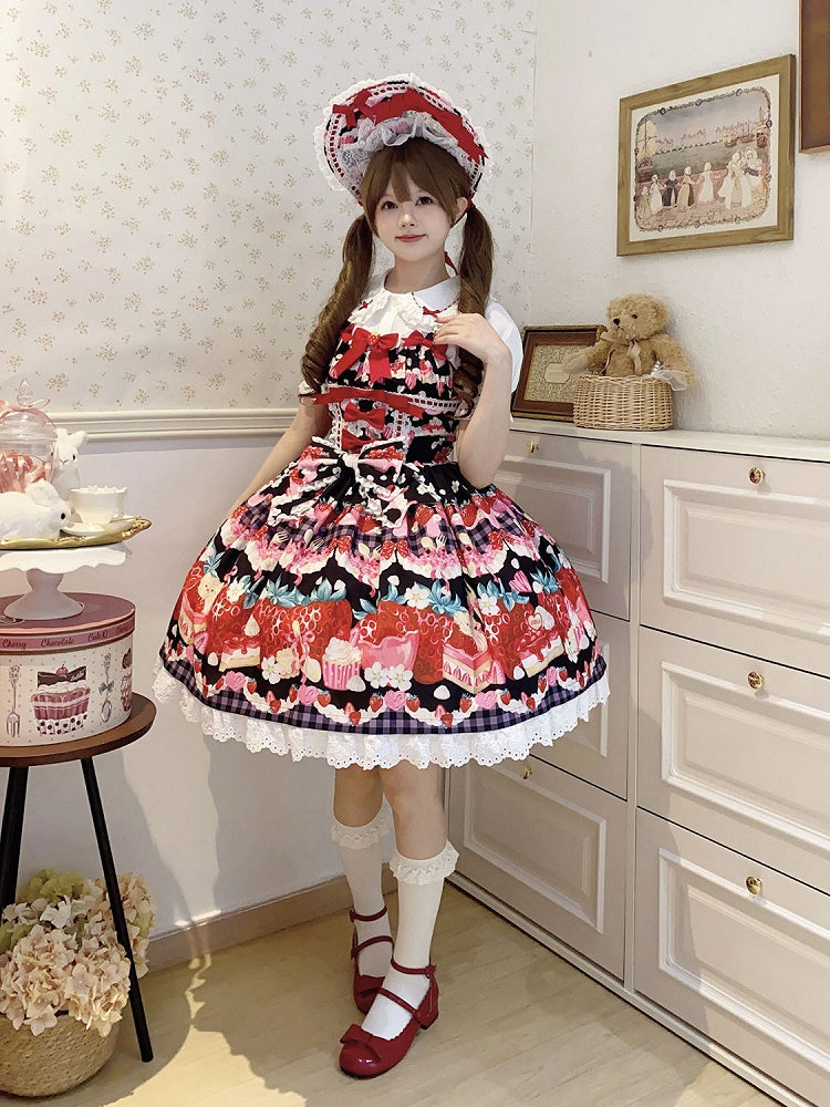 und süßes schwarzes Erdbeer-Dessert-Kleid mit Lolita-Print