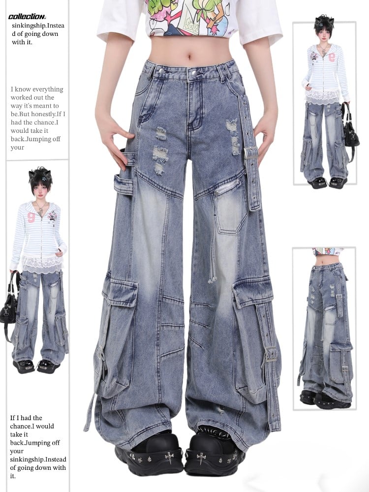 Wash Blue Distressed Cargo Jeans with Adjustable Strap Accents Faded