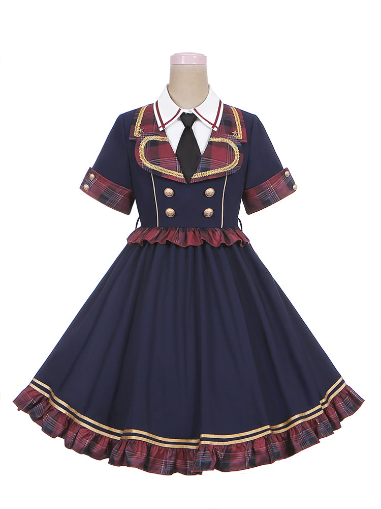 Blaues Kleid mit Kontrast-Rotkaro und goldfarbenen Knöpfen, Idol Lolita OP