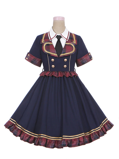 Blaues Kleid mit Kontrast-Rotkaro und goldfarbenen Knöpfen, Idol Lolita OP