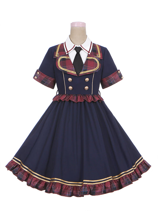 Blue Contrat Red Plaid Trim Gold-tone Buttons Dress Idol Lolita OP