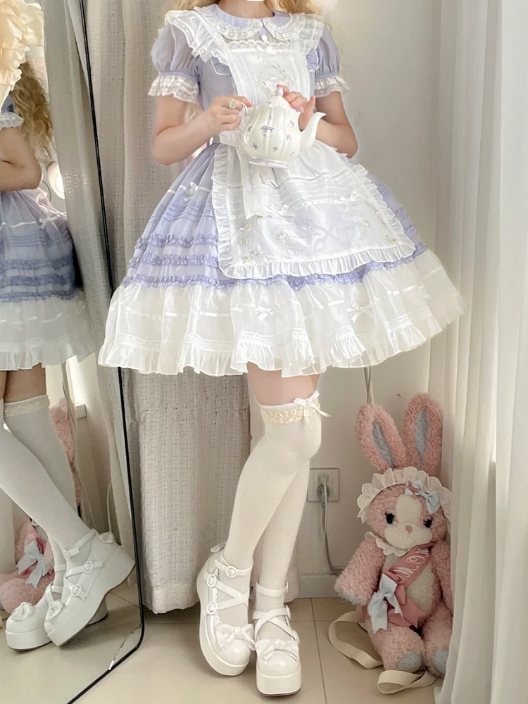 Ärmelkleid Lolita Peter Pan Kurz Weiß Lila und Kragen