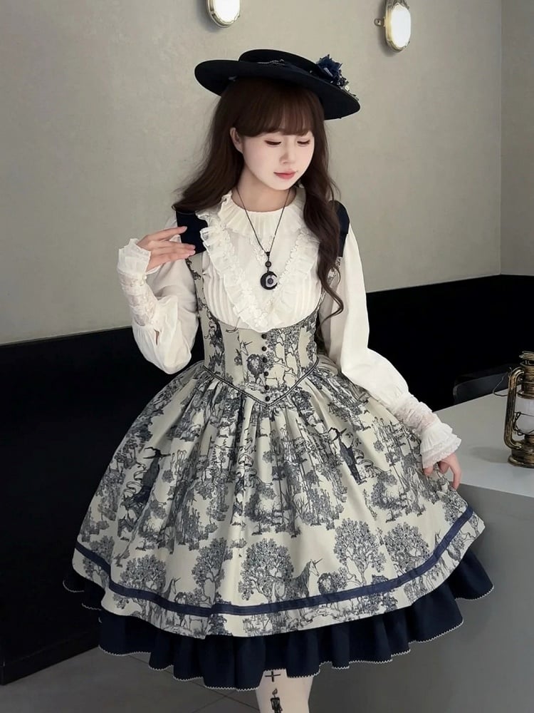 Bust Dark Bowknot Blue Straps Basque Skirt Waist Jumper Lolita Under Shoulder