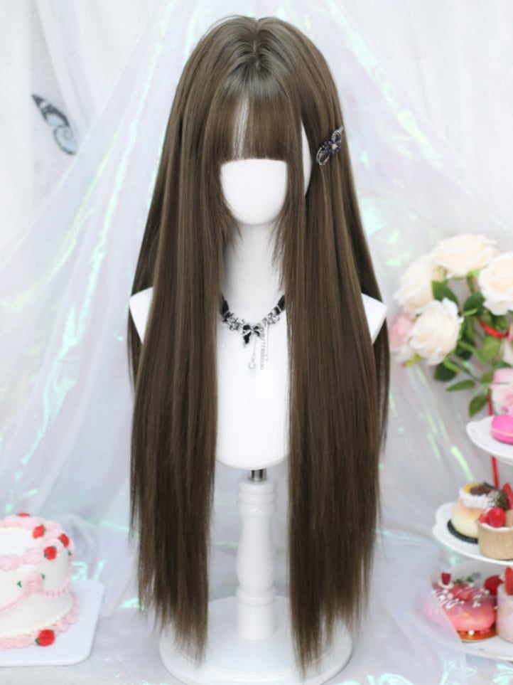 Braune 70-75CM glatte Perücke mit Air Bangs