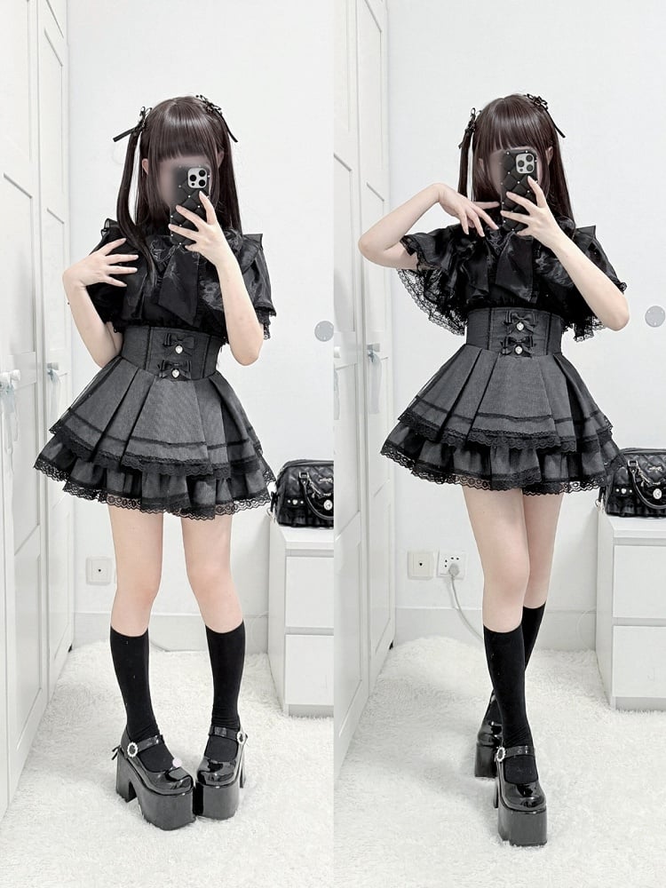 Black High-waisted Check Double-layer Skirt with Lace Trim & Bow - shirohato