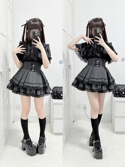 Black High-waisted Check Double-layer Skirt with Lace Trim & Bow - shirohato