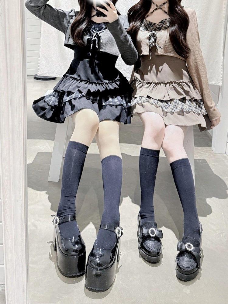 Jirai-kei Plaid Halter Tiered Ruffle Dress in Black with Gray Knit Cardigan Duo - GingaU