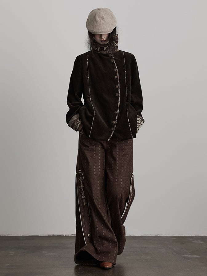 Urban Design Pants Leg-Cuff Dark Wide-Leg with Embroidered Goth Striped Thick Coffee