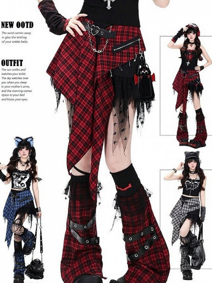 Red Black Plaid Asymmetric Skirt with Buckle - CRAZY GIRL