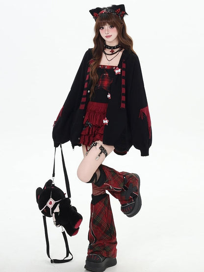 Y2K Schwarz gestreifte Strickjacke mit Hasenohren und Kapuze und V-Ausschnitt