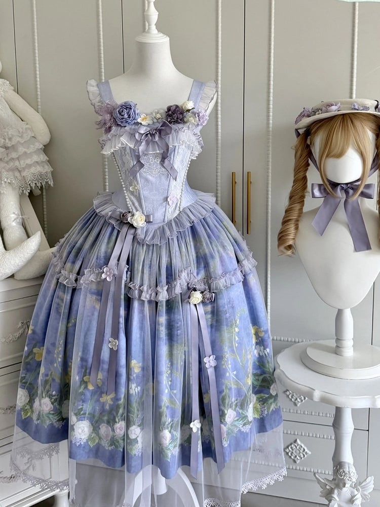 Purple Oil Painting Print Lolita Jumper Skirt Dress with Bustier-Style Boned Bodice - Haw Berry