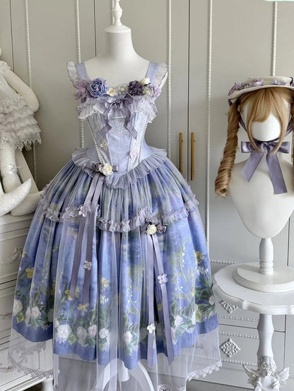 Purple Oil Painting Print Lolita Jumper Skirt Dress with Bustier-Style Boned Bodice - Haw Berry