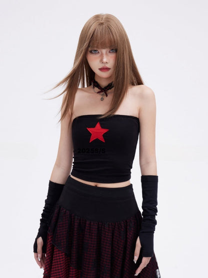 Glamorous Vintage Schwarzes, eng anliegendes Bustier-Top mit rotem Sternenmuster