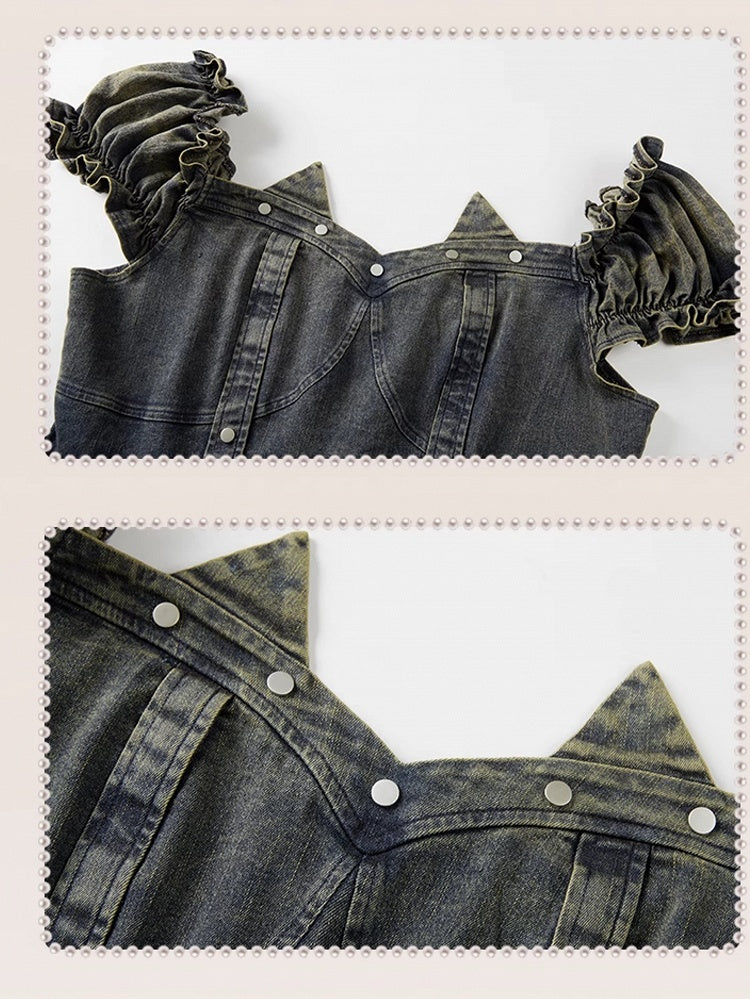 Mode mit blauen Puffärmeln Jeanskleid Leopardengürtel Patchwork Plus Size Gyaru Taille