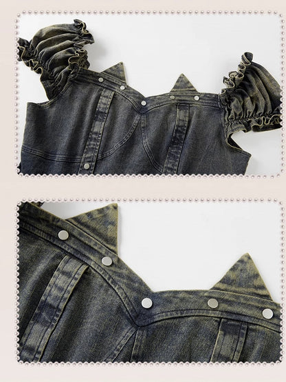 Mode mit blauen Puffärmeln Jeanskleid Leopardengürtel Patchwork Plus Size Gyaru Taille