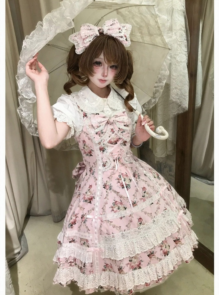 Pink Floral Cotton JSK Dress with Snowfall Motif and Sweet Lolita Style