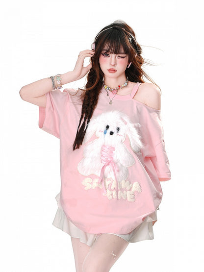 Plush Bunny Applique Criss-cross Design Cutout Shoulder Pink/Blue/Black Loose T-Shirt