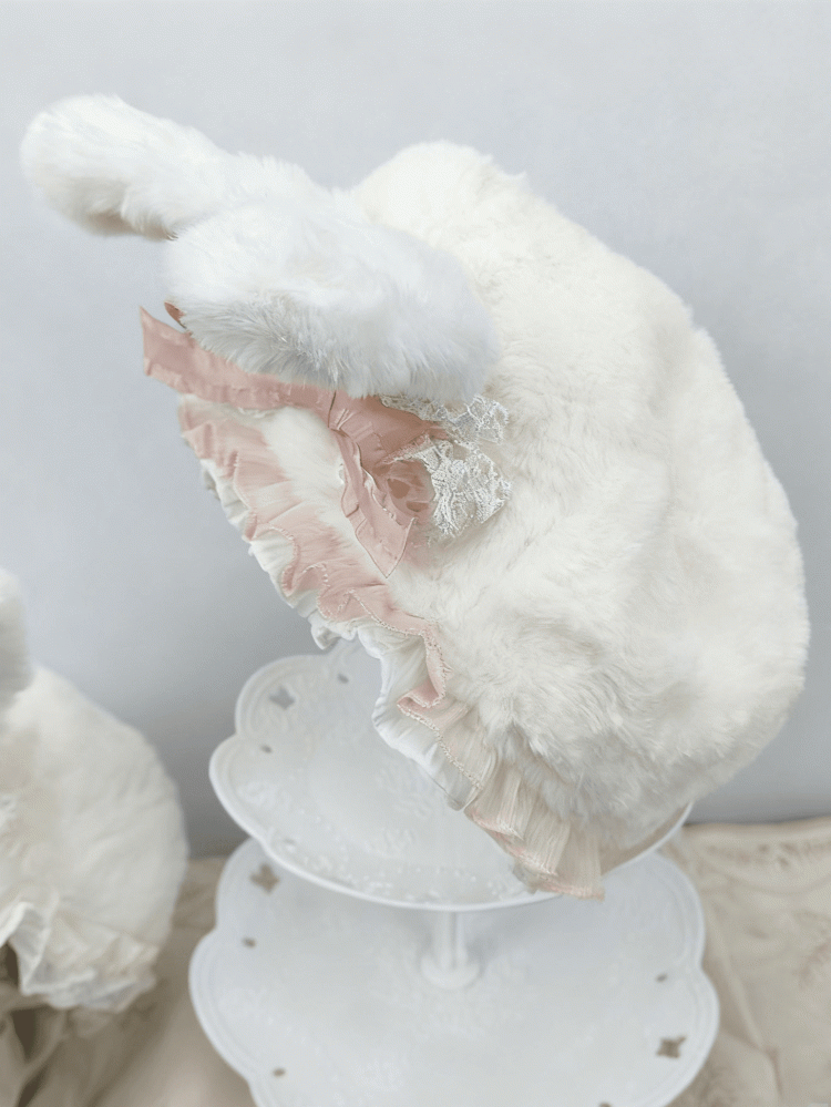 Lace Bunny Beige/Pink Ears Bow Plush Beret Trim