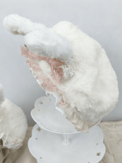 Lace Bunny Beige/Pink Ears Bow Plush Beret Trim