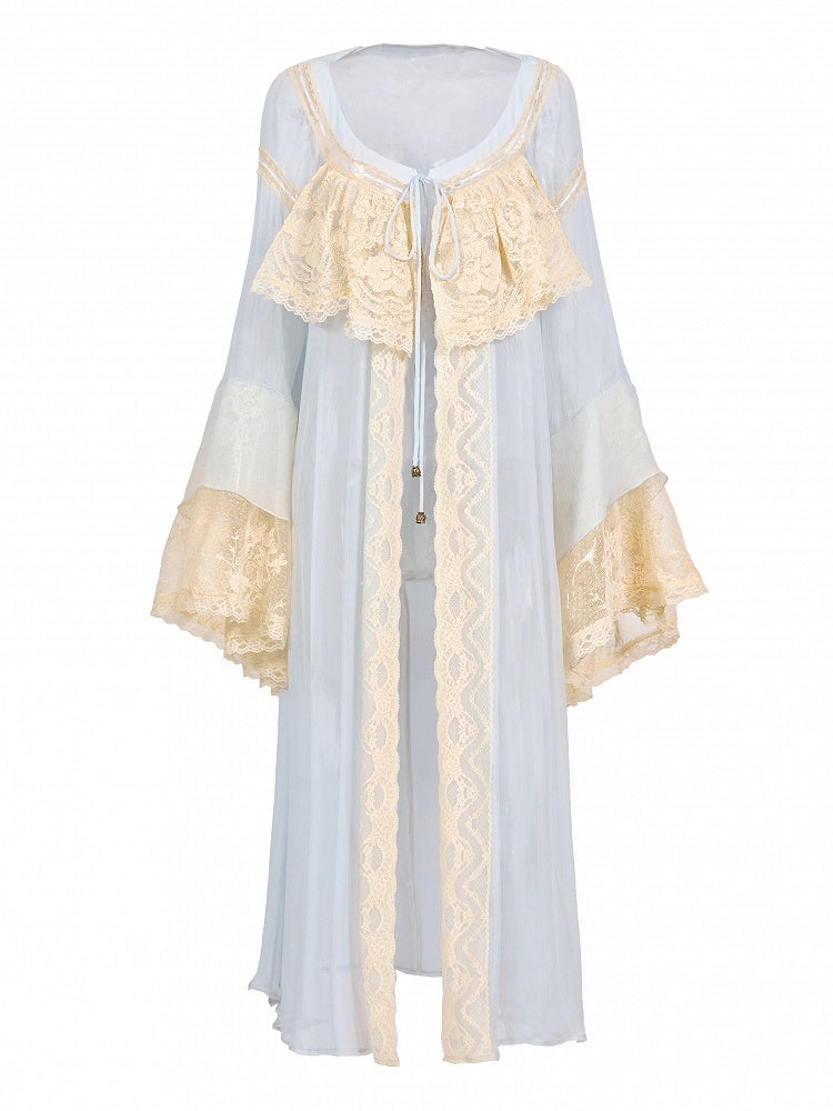 Baby Blue Bell Sleeve Flared Robe with Apricot Lace Details - Blood Supply