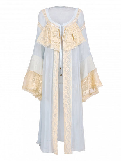 Baby Blue Bell Sleeve Flared Robe with Apricot Lace Details - Blood Supply