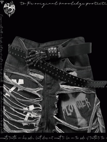 デニムショートパンツ Y2K クロスアップリケ ダメージ加工 穴あき ダークグレー グラマラス