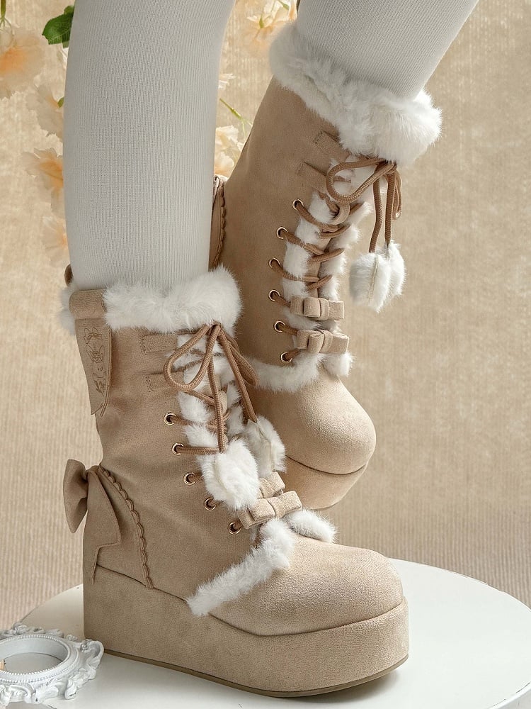 Fleece Lining Lolita Platform Sweet Brown Boots with 4cm Cozy