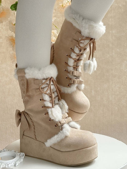 Fleece Lining Lolita Platform Sweet Brown Boots with 4cm Cozy