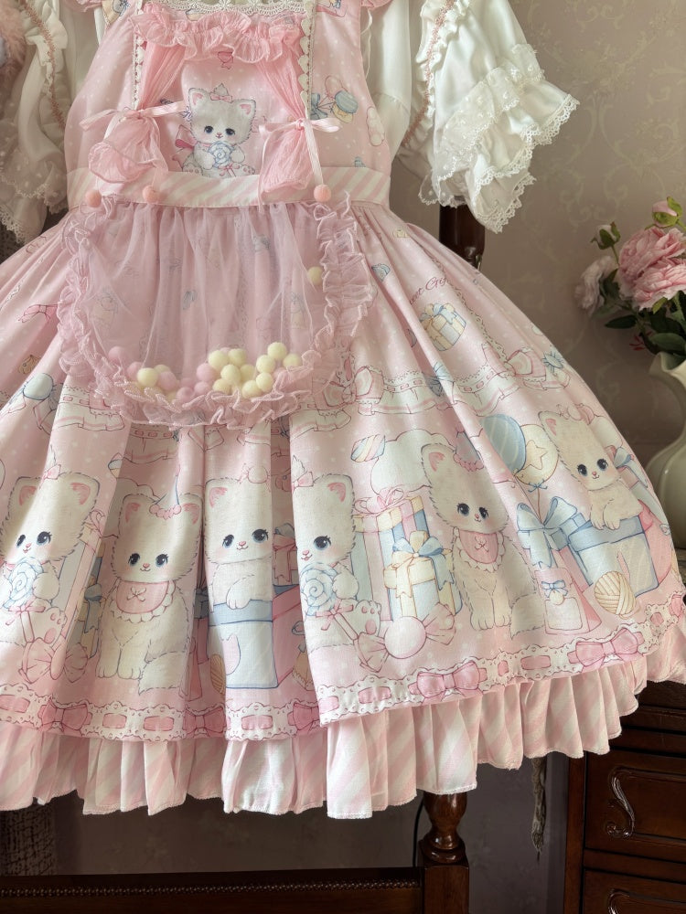 Pink Kitty and Polka Dots Pattern Sweet Lolita Overall Dress