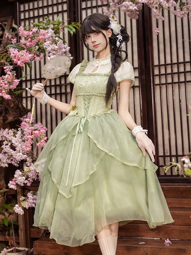 Green Orchid Chinoiserie Lolita OP Dress & Hairclips Set - With PUJI