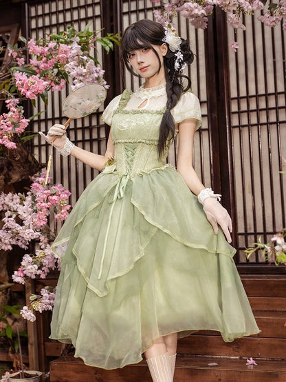 Green Teardrop Cutout Neck Chinoiserie Lolita OP Dress - With PUJI