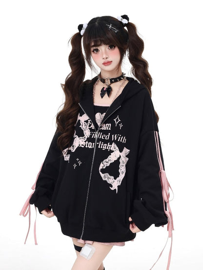 Black Lace Embellished Zip Closure Graphic Hoodie