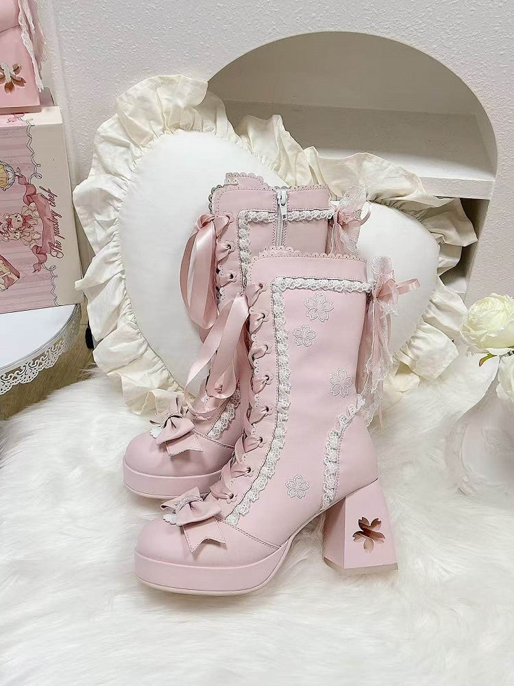 High-heel Embroidery with Lolita Boots Sweet Closure Pink Sakura Dual