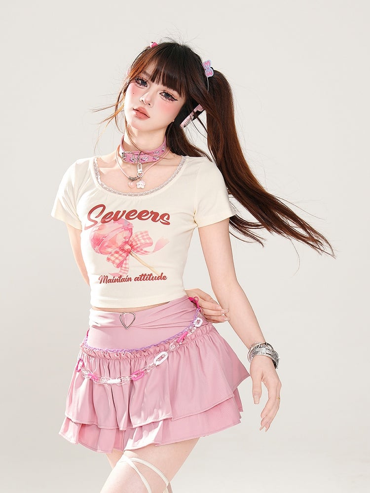 Trim Sweet Lollipop Print Spitzen-T-Shirt Rosa/Apricot Glamorous Cropped
