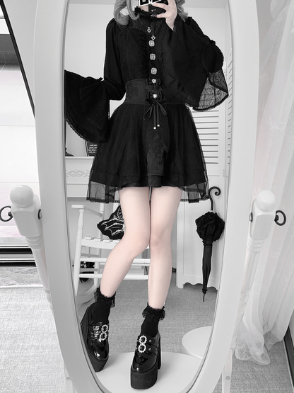 Neckline Sleeves Jirai Blouse: Illusion with Dark Kei Trim Black Lace and Bell