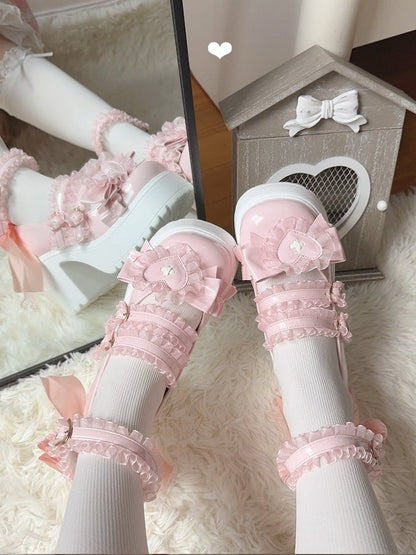 Straps High Kei Ruffled Applique Top Shoes in with Jirai Lace Block Heart Bow Pink Detailed Heel - Platform