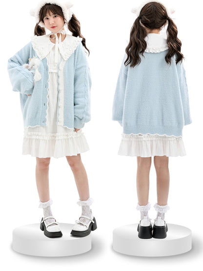 ゆめかわいいブルーのハート型ボタンカーディガン（ラムのぬいぐるみ付き）