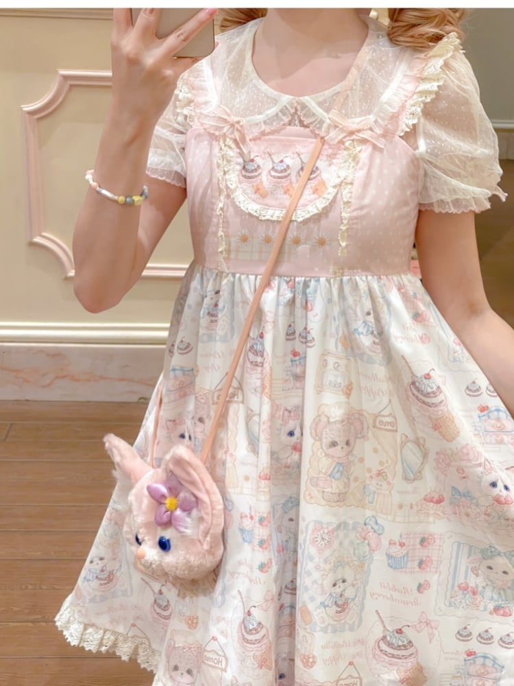 Süßes Lolita-Kleid, Pullover, rosa Flatterärmel, Rock mit Kätzchen- und Kuchen-Print