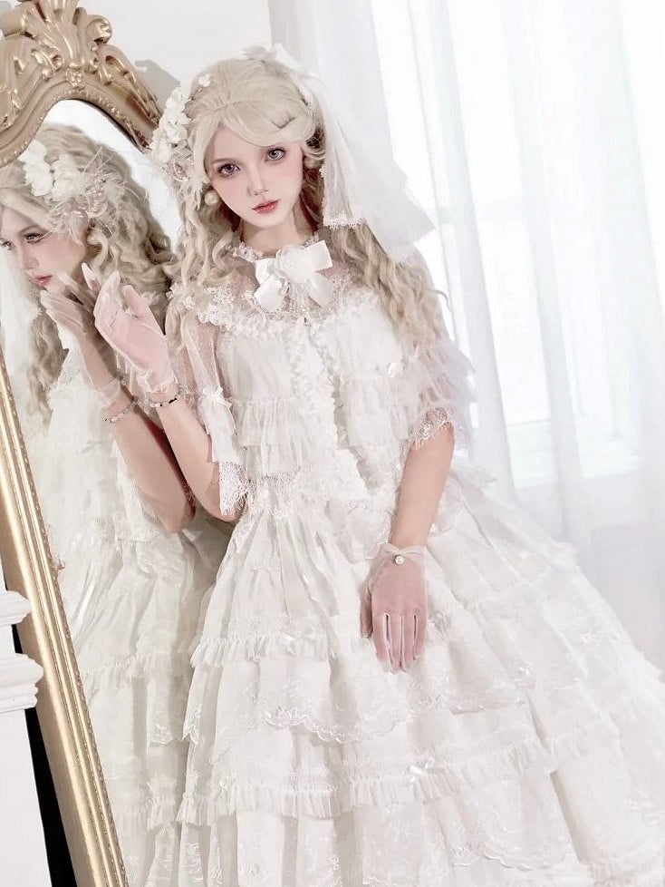 Buttons Tulle Shawl Embroidered White Bead with Lolita