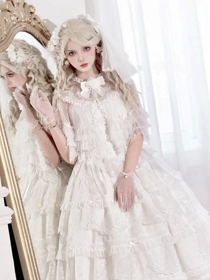 Buttons Tulle Shawl Embroidered White Bead with Lolita
