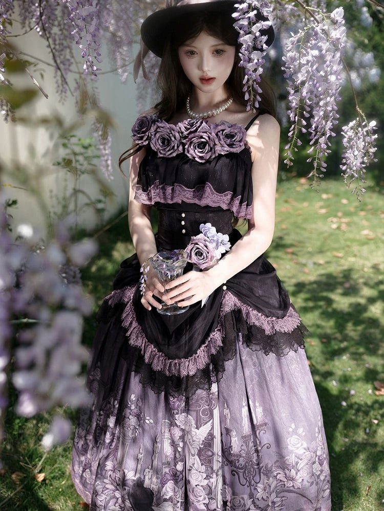 + with Lace Top Ruffled Classic Set Lolita Print Elegant Black Purple Floral Trim Skirt