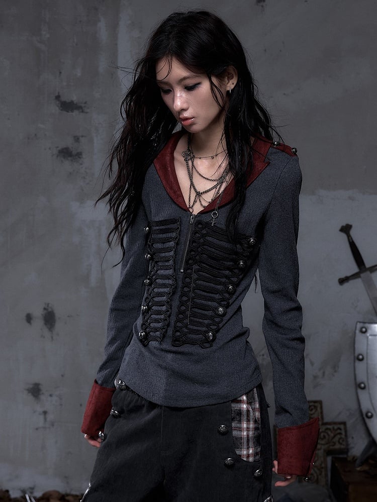 Black Knit with Suede Gray Vintage Punk Red Epaulets Knight Top Braid