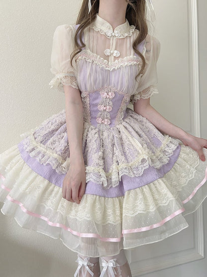 Frog Chinoiserie Dress Fresh JSK Ballet-Inspired Button Lace Trim Purple Lolita