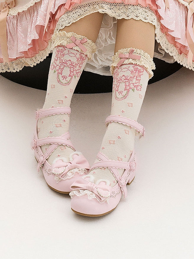 with Pink Mary Bow Adjustable Sweet PU Janes - Buttons Plush Crisscross Snap Heart Lolita Ear Design Bear