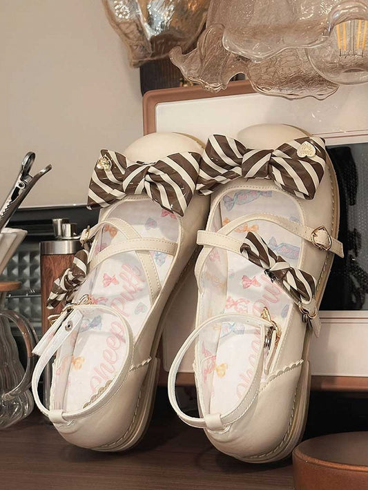 ロリータ クリスクロス ボウ ベージュブラウン バックル ストライプ シューズ デザイン トップス パターン ハート