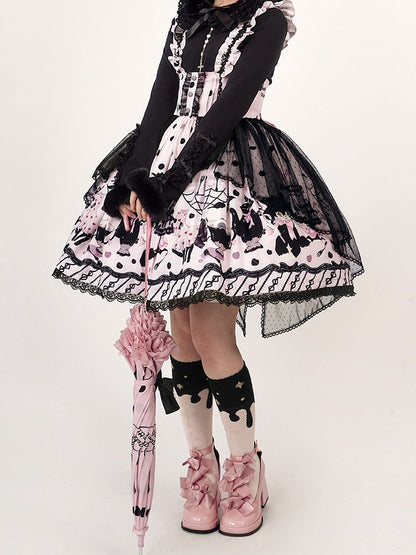 Lolita Cake Kitty Print Pink and with Straps Waist Ruffle Detachable High Skirt
